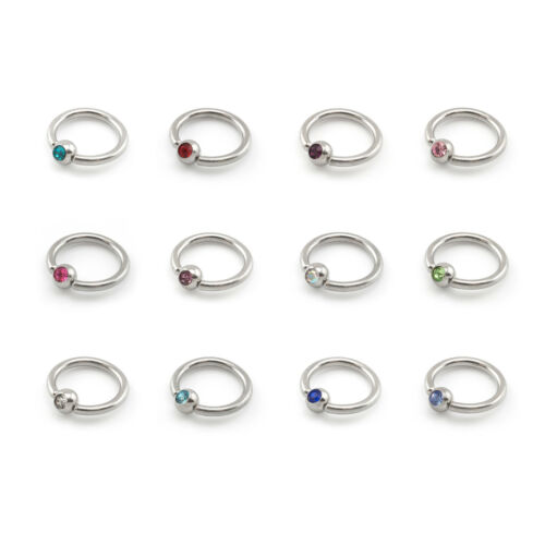 BCR with CRYSTAL GEMS Ball Closure Captive Ring, Lip Nose Ear Tragus Septum ring - Afbeelding 1 van 20