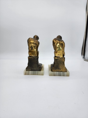 Vintage 7"Rodin Thinker Heavy Cast Metal Bronze Finish Bookends Onyx Stone Base - Picture 6 of 10
