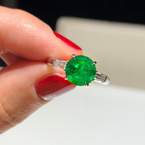 Natural Emerald Ring Green 2.38 Ct Round Shaped 18k White Gold GRS Certified - Picture 7 of 10