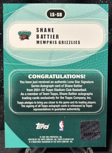 2001-02 Stadium Club Lone Star Signatures Team Shane Battier Auto Memphis - Picture 2 of 2