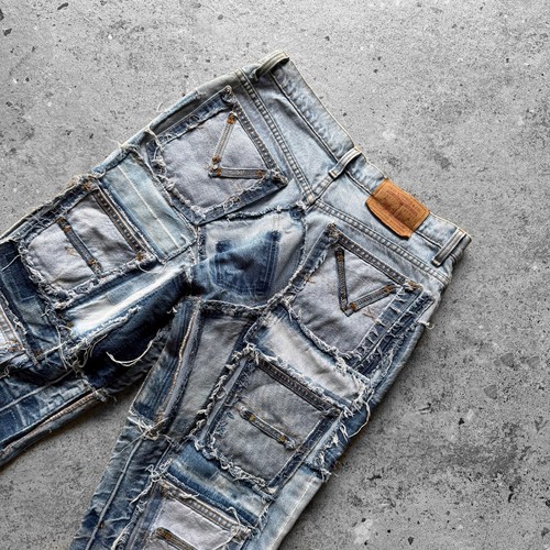 Pantalones Cortos Levis 512 Raros Personalizados Azul Boro Patchwork Deconstruidos Cortados 32, S/M - Imagen 4 de 8