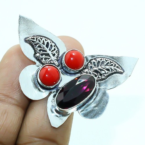 Pink Amethyst Red Coral Gemstone Handmade Fashion Ethnic Jewelry Ring 8" SR 5067
