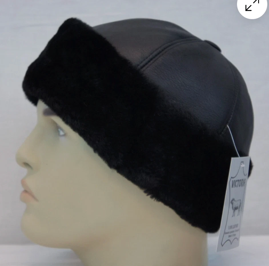 Black 100% Sheepskin Shearling Leather Fur Beanie Round Bucket Ski Hat MEDIUM
