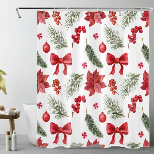 Winter Cute Bow Red and Green Christmas Shower Curtain Bathroom Accessories Set - Picture 23 of 25