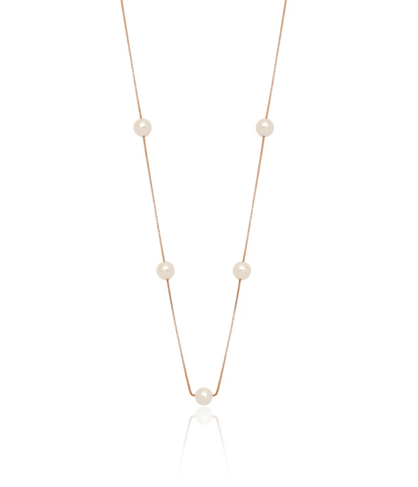 Cadena de 9 estaciones de perlas cultivadas de agua dulce redondas blancas de 5 mm de oro rosa macizo de 14K... Foto 4 de 4