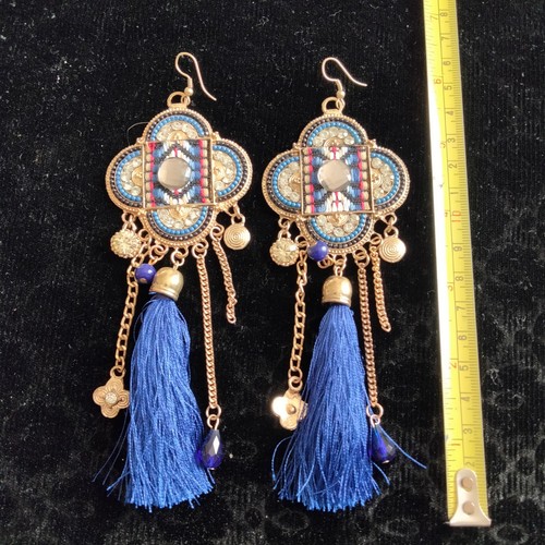 Iris Apfel & Bajalia Blue & Gold Embellished Tasseled HUGE Statement Earrings - Picture 1 of 11