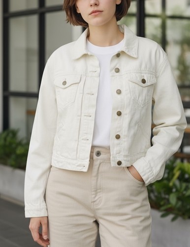 Old Navy Cropped Jeansjacke Damen M weiß ecru Knopfleiste Jeansjacke - Bild 1 von 8