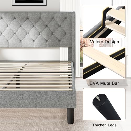 King Size Upholstered Bed Frame with Wingback Headboard, Fabric Linen Platform - Picture 4 of 7