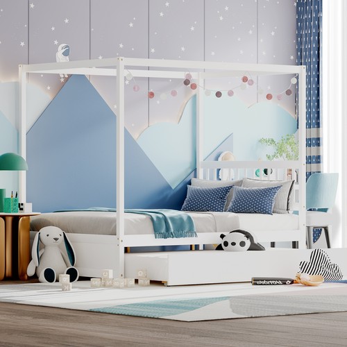 Full Size Canopy Bed with Trundle Wooden Platform Bed Frame Headboard White - Picture 5 of 10