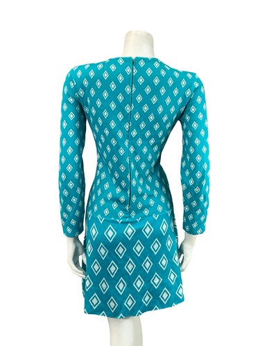 VTG 60S MOD GEOMETRIC BLUE WHITE DIAMOND DROPPED WAIST MINI DRESS 8 10 S - Picture 6 of 7