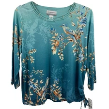 Alfred Dunner Top Sedona Sky Ombré Bird Beaded Neck Women’s Petite Medium NWT