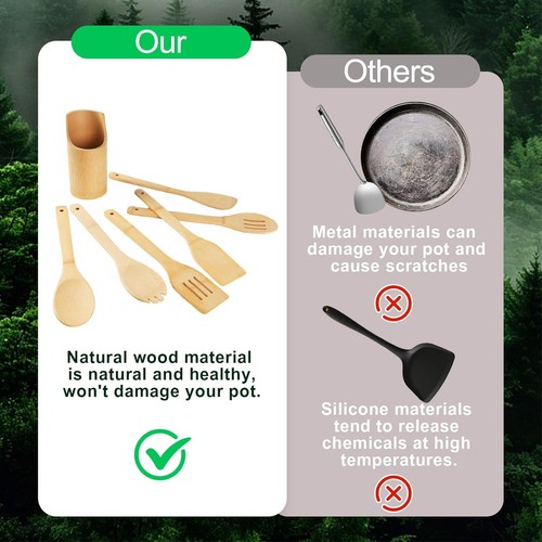 Bambus Kochutensilien Set - Natur Holzlöffel 7 Stück Küche Antihaft - Bild 5 von 7
