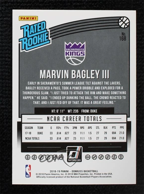 2018 Donruss Rated Rookies Press Proof Purple /199 Marvin Bagley III Rookie RC - Image 2 of 2