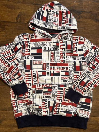 Tommy Hilfiger Boys Sweater with Hoodie Navy Blue Red White Size L Logo Graphic - Picture 3 of 6