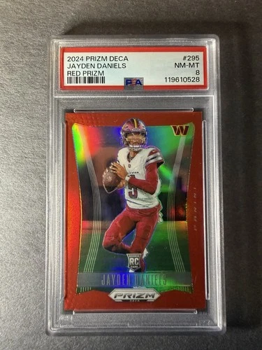 2024 PANINI PRIZM DECA RED PRIZM #295 JAYDEN DANIELS 098/199 PSA 8