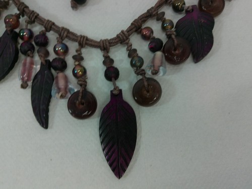 African Purple Glass Carved Leaf Bauble AB Beaded Cord Tribal Boho Bib Necklace - Picture 13 of 16