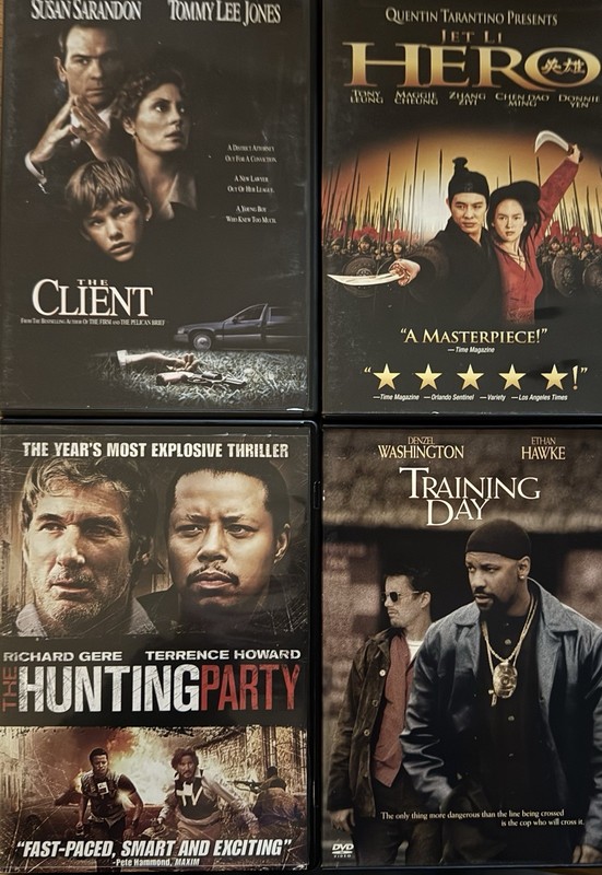 4 DVDs: The Client/Hero/Hunting Party/Training Day (2001-7)