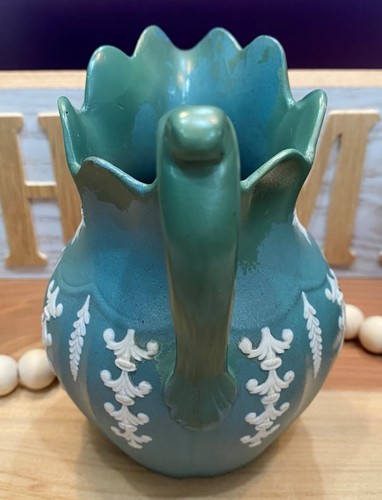 Antique English Chrysanthemum Pad Mark Jasperware Pottery Pitcher Blue Green - Picture 5 of 10