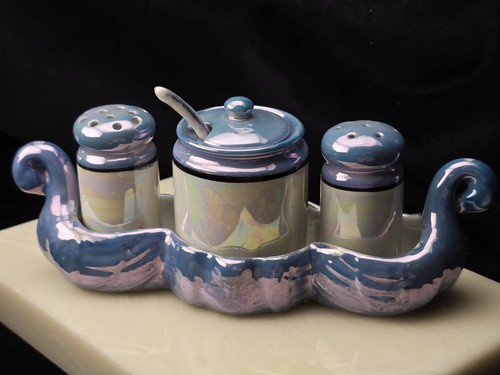 Vintage Japan Lusterware Condiment Set Tray Salt Pepper Mustard Jar Spoon - Picture 10 of 13