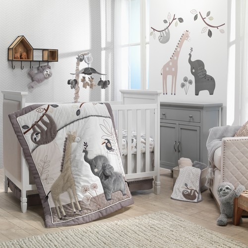 Lambs & Ivy Baby Jungle Animals 4-Piece Gray/White/Taupe Crib Bedding Set - Picture 1 of 7