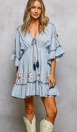 POL Blue Embroidered Boho Mini Dress Small Cotton Tassel Tie Flutter Sleeve