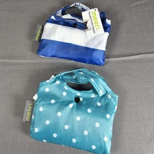 2 Meori Reusable Pocket Shopper, Blue White Striped & Polka Dots Big Bag NWT