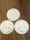 Benjamin Franklin Lot Of 3 90% Silver Half Dollars 1954 1958 1960