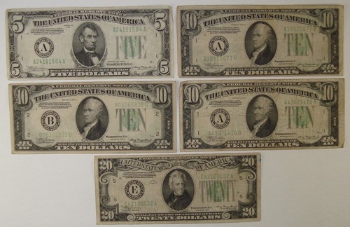 Lot of 1934 $5 $10 & $20 Federal Reserve Notes $55 Face Value F-VF
