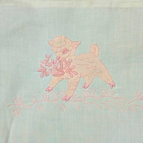 Vintage weiß mit rosa Lamm bestickt Baby Kissenbezug Bezug 16,5 x 12,5 Zoll - Bild 2 von 7