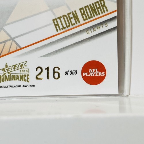 2019 Select AFL Dominance Holographic Riden Bonar GWS Giants 216/350 HP90 - Bild 3 von 3