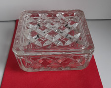 Vintage Glass Trinket Box Lidded Clear Cut Diamond Pattern 4" X 4" Square