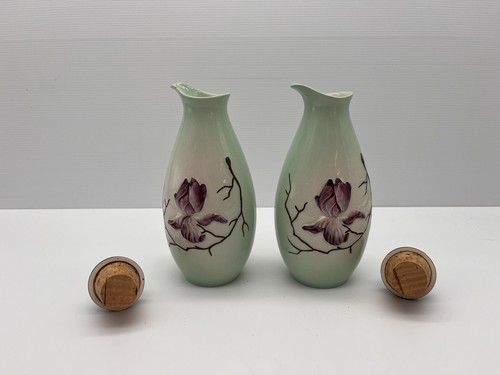 Vintage 1950s Carlton Ware Green Purple Magnolia Flowers Oil & Vinegar Decanters - Picture 5 of 14