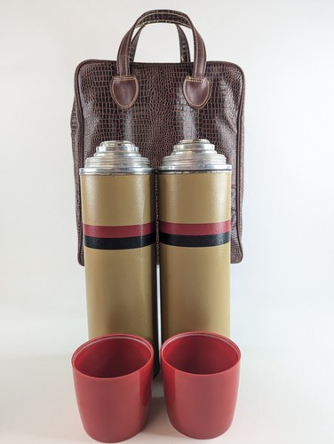 Vintage Thermos Picnic Set w/ Leather Carry Bag, 2 Thermoses, Sandwich Box, Cups - Picture 4 of 12