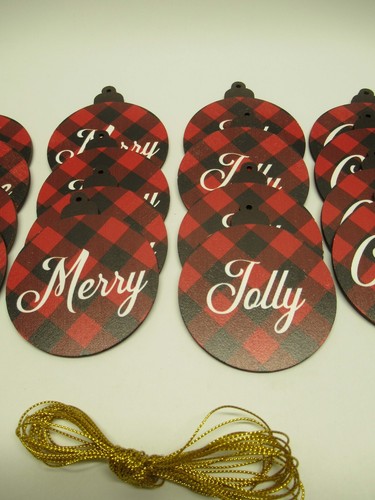 Buffalo Plaid Red/Black Wooden Christmas Hanging Ornament Decorations 24 pcs - Picture 3 of 6