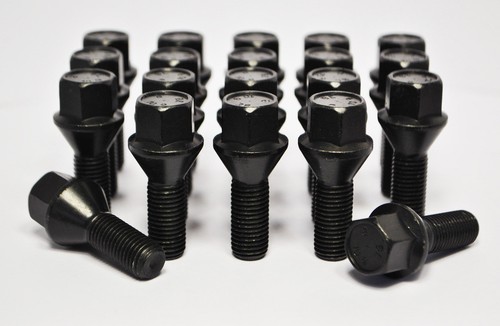 20 x M14 x 1.5, 28mm Thread, Tapered Wheel Bolts (Black)