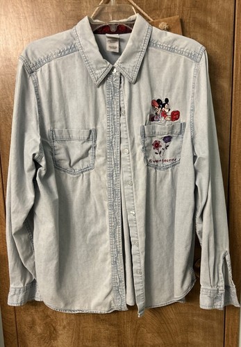Vintage Disney Mickey Minnie Sweethearts Denim Jean Button Shirt Womens Large - Picture 1 of 8