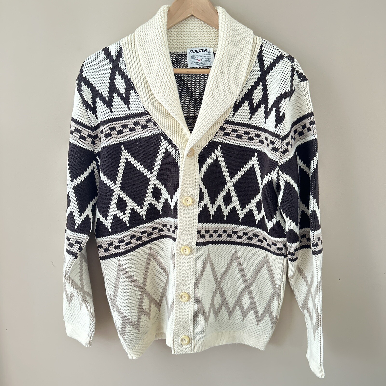 Vtg Ivory & Brown Tundra Sweater Button Up Diamon… - image 1