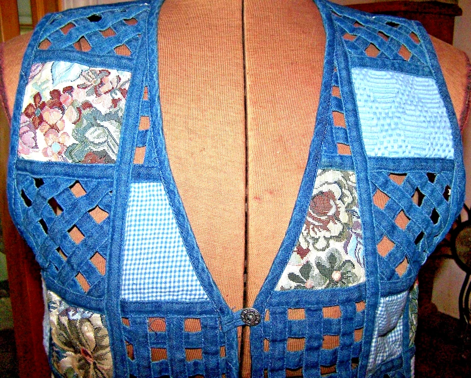 ANEXO DE ESQUINA CASUAL Azul Jean TAPIZ PARCHES Botón Gofre Cuello en V Chaleco/Talla S Foto 2 de 4