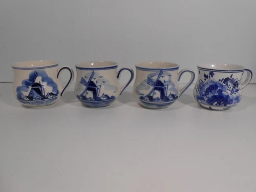 Vtg Delft Blue Windmill/Flowers 4 Hand Painted Bubble Coffee Mugs/Cups Holland