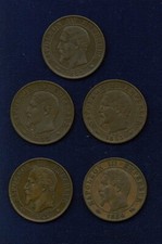 FRANCE 5 CENTIMES COINS: 1855-A, 1863-A, 1856-B, 1853-BB, & 1855-BB, LOT OF (5)