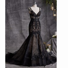 Deep V Neck Black Gothic Mermaid Wedding Dresses Lace Appliques Sequins Backless
