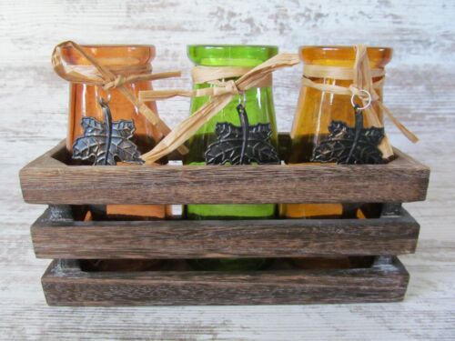 3 Colored Glass Jars Vase Bottle Wood Crate Harvest Fall Leaves Thanksgiving - Picture 2 of 17