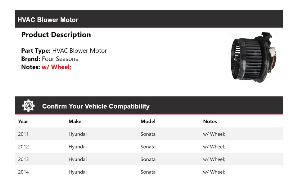For 2011-2014 Hyundai Sonata HVAC Blower Motor 4 Seasons 2012 2013 - Image 2 of 4
