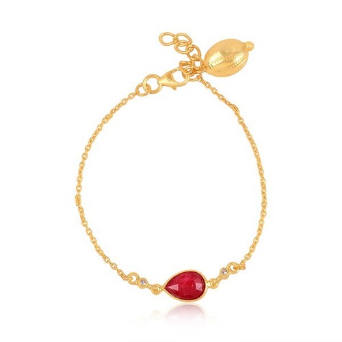Sterling Silver Gold Chain Natural Ruby Gemstone Link Bracelet With White Topaz - Picture 3 of 6