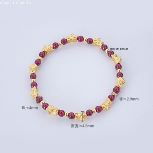 Pure 999 24K Yellow Gold 10pcs Dragon Pixiu Baby Beads Garnet Gemstone Bracelet - Picture 3 of 5