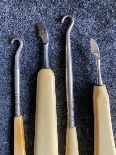 Vintage Art Deco Zelluloid Knopf Haken und Maniküre Nagelhaut Werkzeuge - 4er Set - Bild 2 von 12