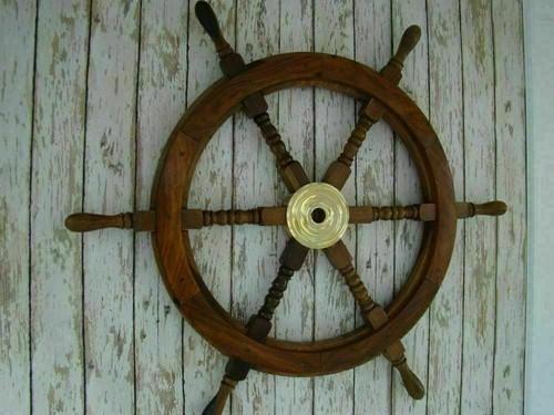36" Brass Center Nautical Large Boat Ship Wooden Steering Wheel Wall Décor Gift - Picture 3 of 4