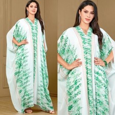 Women Abaya Muslim Arab Print Burqa Dubai Loose Dress V-Neck Bat Sleeved Kaftan
