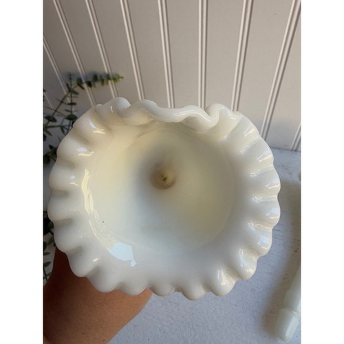 Vintage Fenton 3 PC Diamond Lace Hobnail White Milk Glass Epergne Horns 8.5”  - Picture 6 of 11