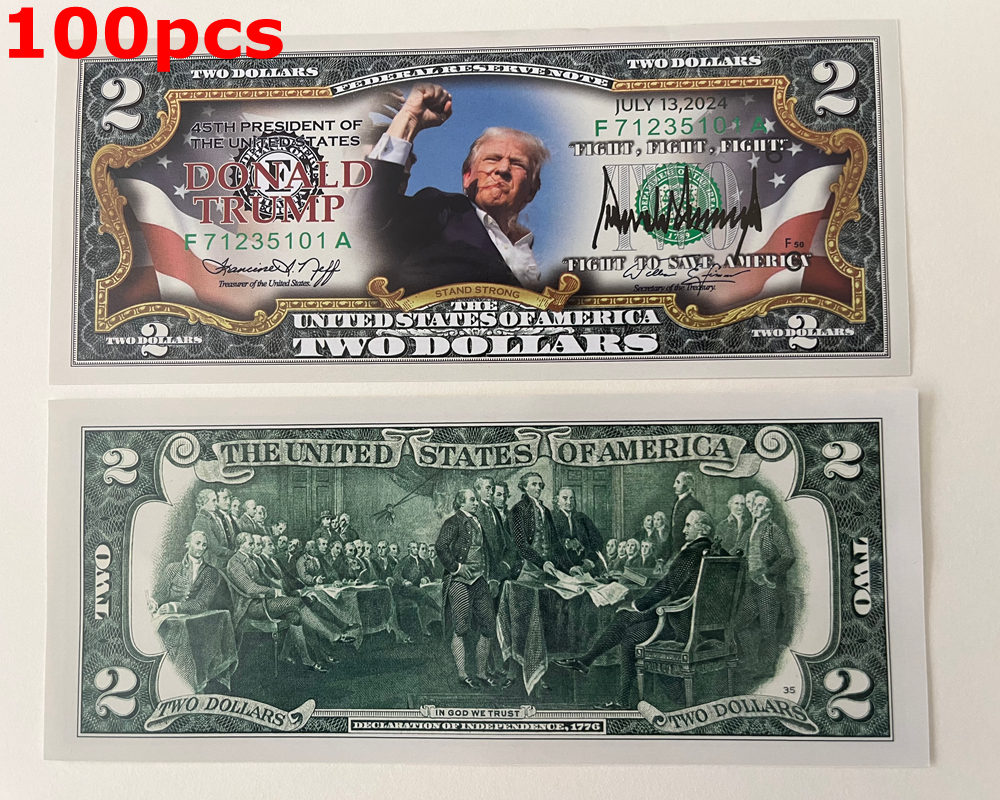 100 pcs 2024 Donald Trump $2 Novelty Dollar Bill Trump Assassination FIGHT